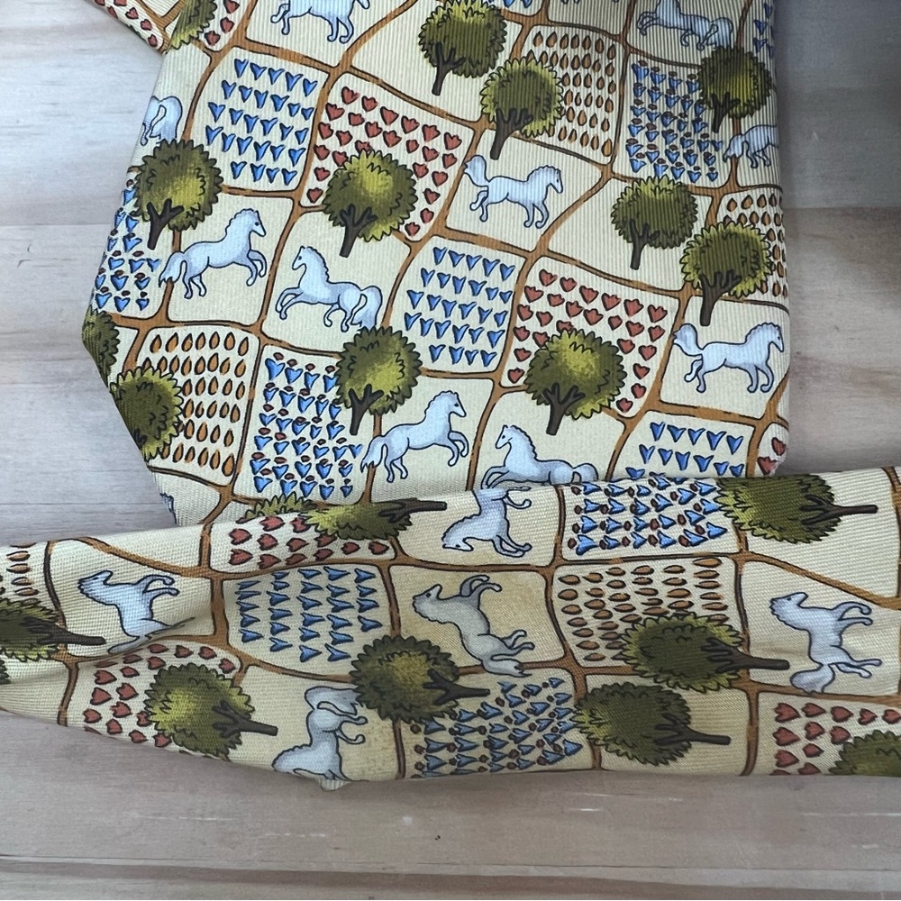 *2/$60* Salvatore Ferragamo Yellow Horse and Farm Silk Tie - Picture 8 of 12